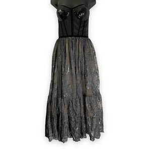Milla Black Sequin Lace Tulle Midi Strapless Dress Corset